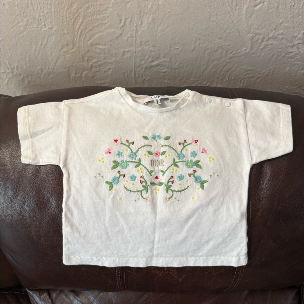 Baby Dior White Tee with Embroidered Floral Design 9 Months